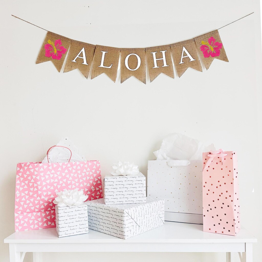Aloha Set Decorazioni Baby Shower Compleanno | Striscione E Topper Torta Oro | Tema Hawaiano Rosa Rosso