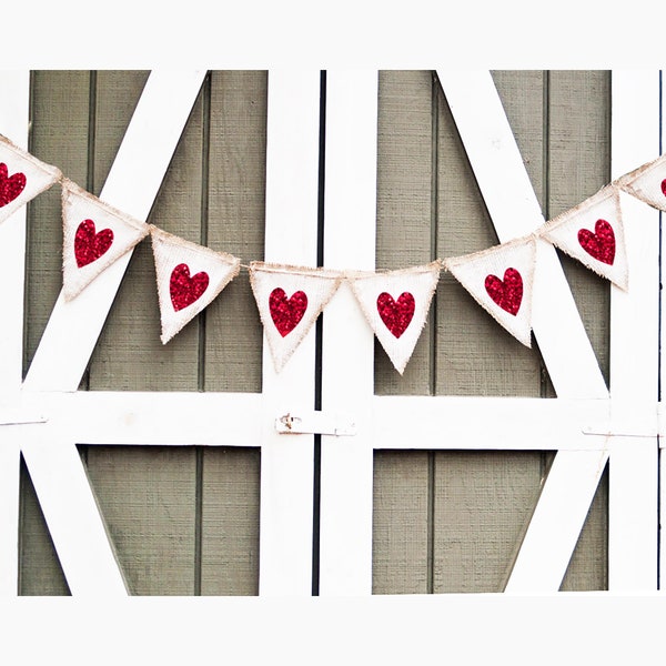 Red Heart Banner, Valentine's Day Decorations, Vintage Valentines Day Banner, Rustic Heart Garland