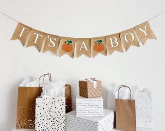 Baby shower a forma di zucca / Striscione "È un maschietto" / Decorazioni per baby shower per maschietti / Rivelazione del sesso del bambino / Annuncio della nascita / Decorazioni per feste autunnali / Striscione in tela di iuta
