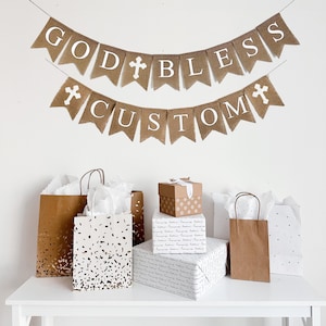 God Bless Banner, Baptism Banner, Personalized Christening Banner, First Holy Communion, Religious Decorations, Confirmation Banner