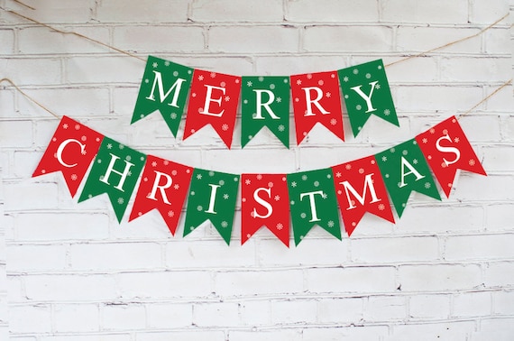 Red Green Merry Christmas Banner Christmas Cardstock Etsy