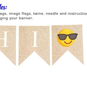 K&ouml;nnte beinhalten: Ein Banner aus Jute mit den Buchstaben "HI" und einem l&auml;chelnden Emoji mit Sonnenbrille. Das Banner wird mit Schnur, einer Nadel und einer Anleitung zum Aufh&auml;ngen geliefert.