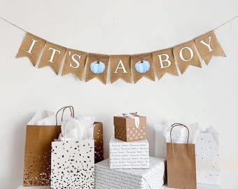 Decorazioni per baby shower, baby shower a forma di zucca, è un maschietto, rivelazione del sesso del bambino, annuncio della nascita, decorazioni per feste autunnali, striscione in tela di iuta