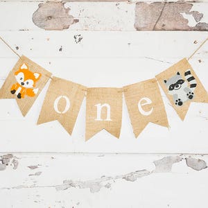 Woodland Birthday Decorations, Woodland 1st Birthday Banner, Fox Highchair Banner, Raccoon Garland, Woodland Banner, B680 image 2