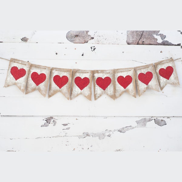 Valentine Day Decor, Vintage Valentine Banner, Red Glitter Hearts on Burlap, Rustic Valentines Day Banner, Valentine Photo Prop B004