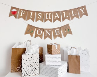Natürlich eins | Angeln-Geburtstags-Party | Baby Junge erster Geburtstag | Angeln Partydekorationen | Fisch Banner | Die Große | Jute-Banner