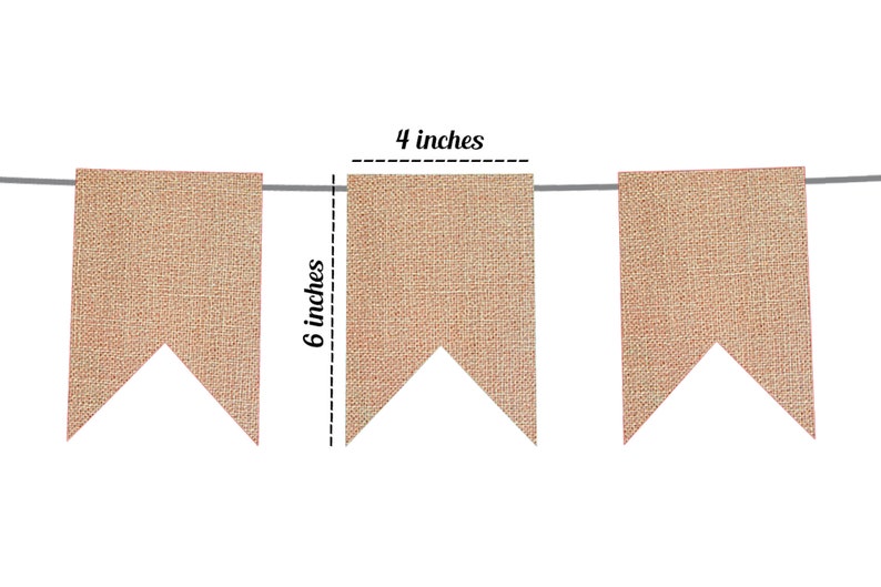 K&ouml;nnte beinhalten: Ein Banner aus Jute mit drei Flaggen, jede 10 cm breit und 15 cm hoch. Die Flaggen sind hellbraun und haben eine spitze Form.