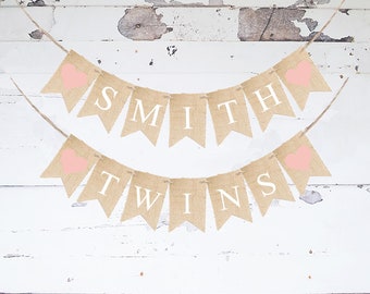 Personalized Twins Banner, Pink Heart Banner, Twin Girls, Twin Gender Reveal, Twins Decorations, Custom Twin Banner, Twin Baby Shower B477