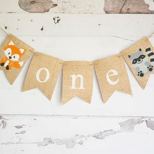 Woodland Birthday Decorations, Woodland 1st Birthday Banner, Fox Highchair Banner, Raccoon Garland, Woodland Banner, B680 image 4