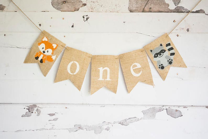 Woodland Birthday Decorations, Woodland 1st Birthday Banner, Fox Highchair Banner, Raccoon Garland, Woodland Banner, B680 image 4