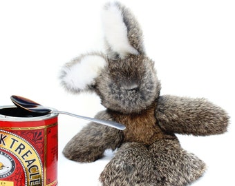 Rabbit Fur Bunny Toy in Wild Treacle, Handmade in Wales by Ffwr; Luxury Woman Girl Christmas Birthday Gift New Brown Natural Recycled