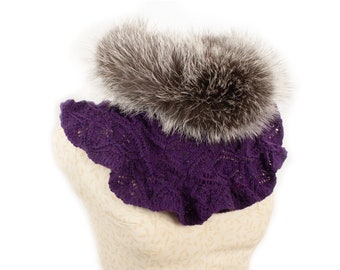 Silver Fox Fur Trim Snood, with Merino Knit. Handmade in Wales by Ffwr; Luxury Women Girl Christmas Birthday Gift Vintage Purple Grey Scarf