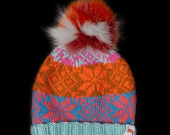 Fox Fur Beanie Hat, with Fair Isle Knit Design. Handmade in Wales by Ffwr; Luxury Women Girl Christmas Gift Red Pink Blue Orange Pom Pom Hat
