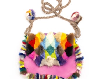 Rainbow Mink Fur Handbag, with Leather Detail. Handmade in Wales by Ffwr; Luxury Women Girl Christmas Birthday Gift Vintage Clutch Evening