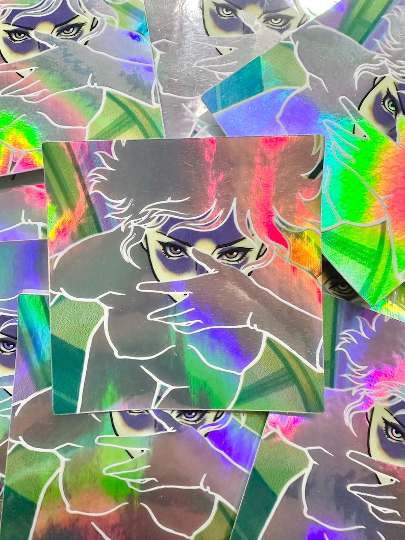 May include: Holographic stickers featuring a stylized illustration of a person with a hand covering their face. The stickers have a rainbow sheen with pink, green, and purple hues. The illustration is outlined in white.