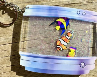 VENDA IMPERFEITA! Luminária de peixe - Chaveiro de acrílico grosso com glitter líquido e areia movediça de 10 cm (4") - estilo nostalgia