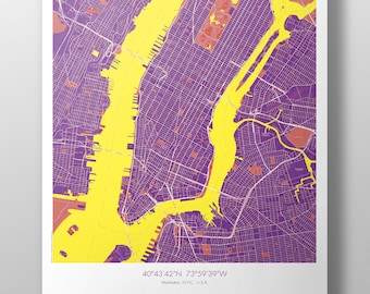 Manhattan Map Poster Purple + Yellow