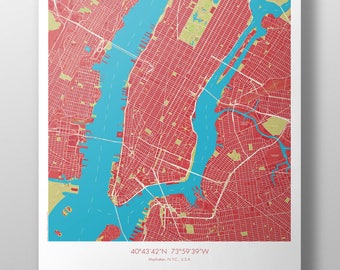 Manhattan Map Poster Red + Blue