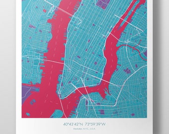 Manhattan Map Poster Lightblue + Red