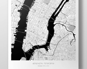 New York City, Manhattan Kartenposter – Schwarzweiß