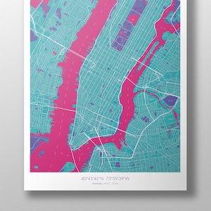 Manhattan Map Poster Turquoise + Pink