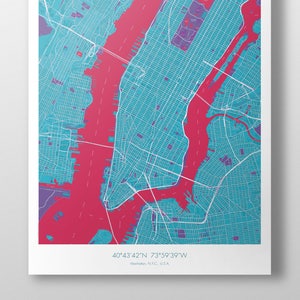 Manhattan Map Poster Lightblue + Red