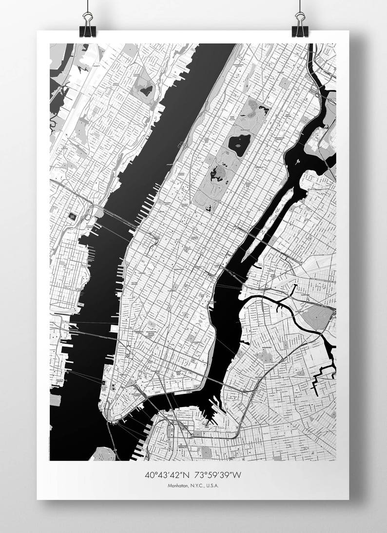 New York City, Manhattan Map Poster - B&amp;W - Etsy