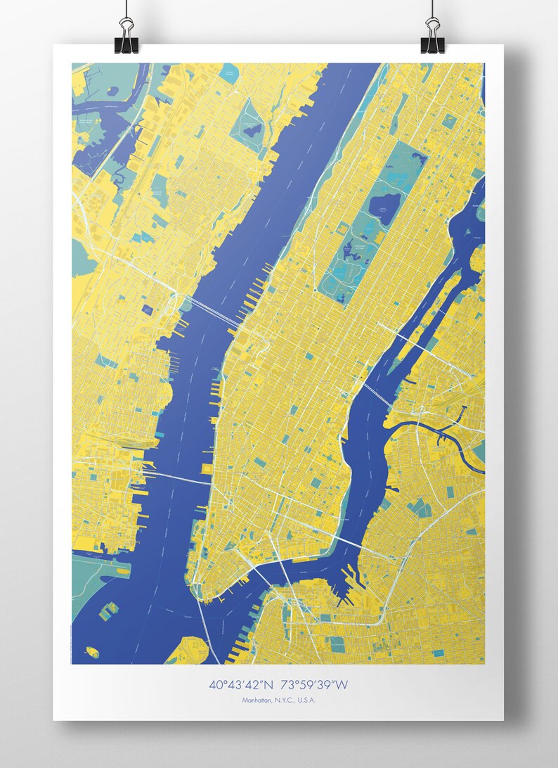 Manhattan Map Poster Yellow Blue image 1