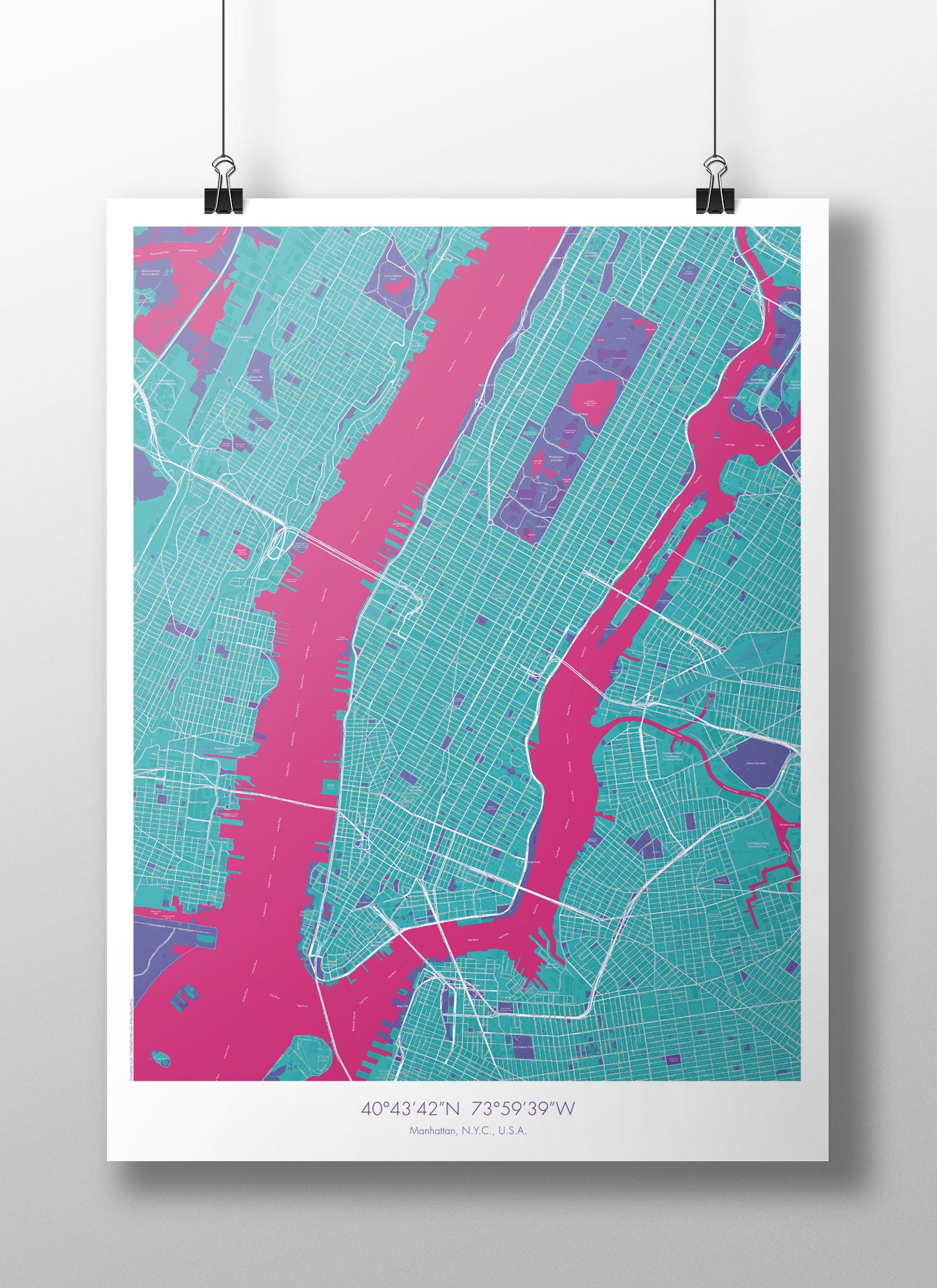 Manhattan Map Poster Turquoise + Pink
