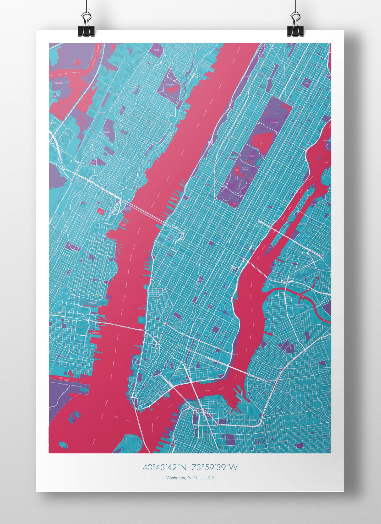 Manhattan Map Poster Lightblue + Red