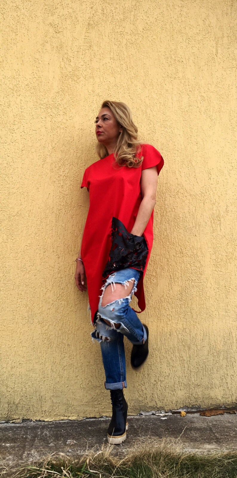 Tunic red tunic cotton tunic kaftan caftantunic with leathermaxi tunic