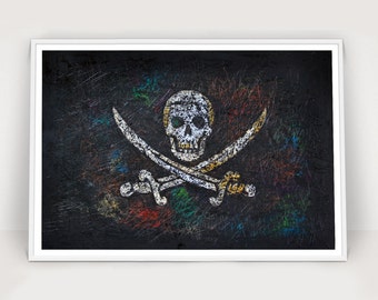 Pirate Flag, Hand-Painted Jolly Roger, Distressed Flag, Vintage, Mixed Media Art, Rustic, Industrial Style, Flag of Skull and Crossbones