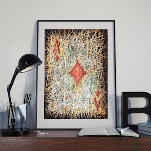 Obra de arte pintada a mano "As de diamantes", diseño tipográfico, técnica mixta, arte texturizado, naipes, estilo industrial, decoración de pared hecha a mano, símbolo