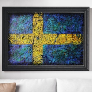 Flag of Sweden, Hand Painted Sweden Flag made in Unique Layered Textured Technique, Vintage Mixed Media Artwork, Rustic Industrial Style Art
