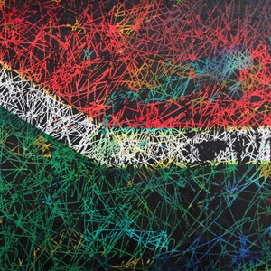 May include: Abstract artwork featuring a textured black background with colorful, scribbled lines. Red, white, green, and yellow lines create a dynamic design, with the text "ART FOR LOFT" in the lower right corner.