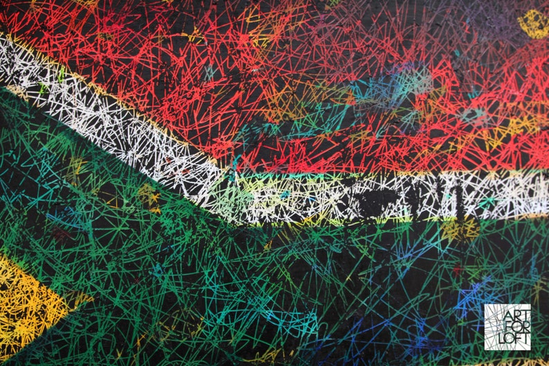 May include: Abstract artwork featuring a textured black background with colorful, scribbled lines. Red, white, green, and yellow lines create a dynamic design, with the text "ART FOR LOFT" in the lower right corner.
