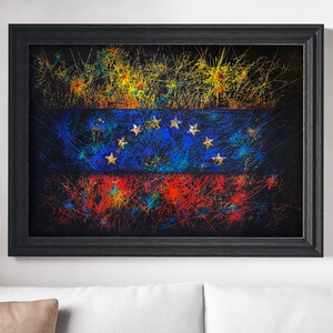 Flag of Venezuela, Hand painted Venezuela Flag created on paper, Light Textured Mixed Media Flag with White Stars,Layered colourful Painting