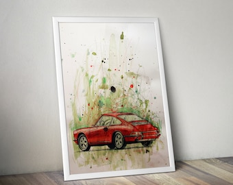 Instant Download Artwork &quot;Retro Porsche 911&quot;, Mixed Media Art, Vintage Painting, Retro Style, Colourful, Digital Print, DIY Printable File