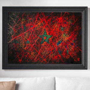 Bandiera del Marocco, Bandiera marocchina vintage in difficoltà dipinta a mano, Arte della parete rustica strutturata a mano, Bandiera in stile industriale con pittura a stella