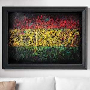 Flag of Raggae Rasta, Hand Painted Flag of Bob made in Unique Layered Textured Technique, Vintage Wall Art Decor, Rustic Style Flag Painting