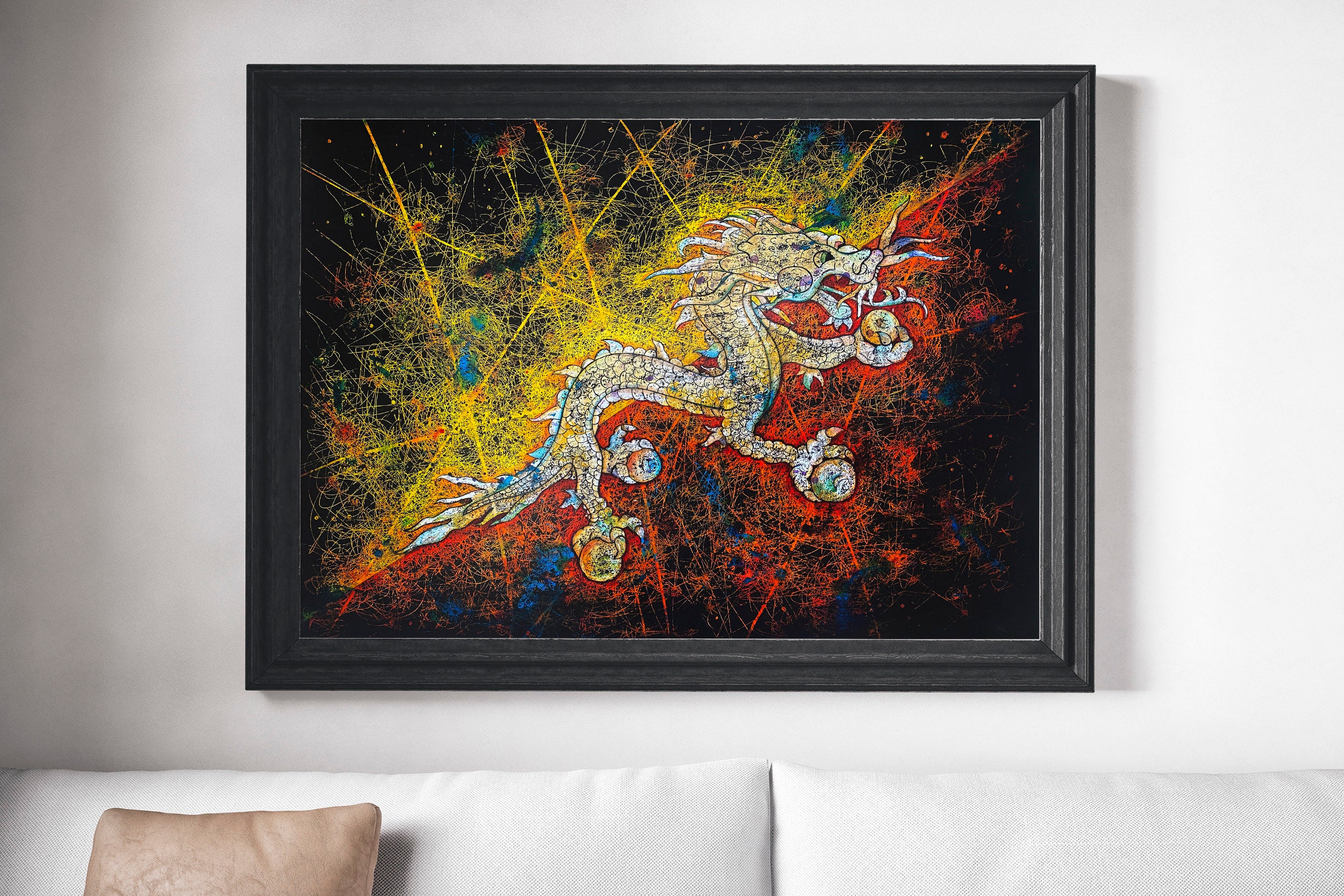 Flag of Bhutan, Hand painted Bhutan Flag created on paper, Light Textured Mixed Media Flag, Layered colourful Painting. Dragon holding Norbu