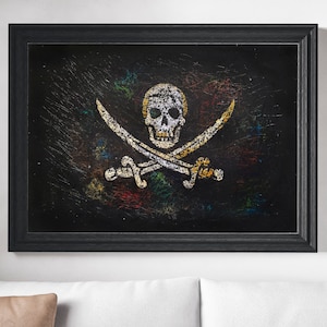 Bandiera del Pirata, Jolly Roger Dipinto a mano, Bandiera Arte Tecnica Mista Graffiata, Vintage Rustico, Bandiera Stile Industriale di Teschio e Ossa Incrociate