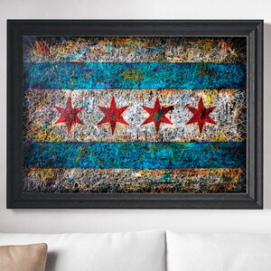 Bandiera della città di Chicago, Distressed Vintage Flag of Chicago dipinta a mano, Textured Flag Art, Colorful, Rustic Industrial Style