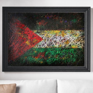 Bandiera della Palestina, Bandiera della Palestina martellata dipinta a mano, Bandiera colorata in stile vintage graffiato, Opera d'arte industriale rustica mista