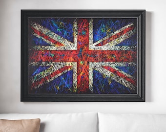 Drapeau du Royaume-Uni, drapeau britannique texturé industriel peint à la main, Union Jack, vintage de Grande-Bretagne, Mixed Media UK London Fine Art