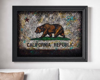 May include: A distressed, abstract art print of the California state flag. The flag features a grizzly bear, a red star, and the words "CALIFORNIA REPUBLIC".