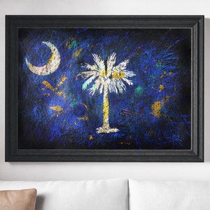 Flag of South Carolina, Hand Painted Crescent Moon Flag made in Unique Layered Textured Technique, Vintage Wall Art Decor, Rustic Style Flag