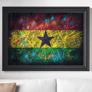 Puede incluir: Pintura abstracta de la bandera de Ghana con una estrella negra sobre fondo amarillo, rayas rojas y verdes y un marco negro.
