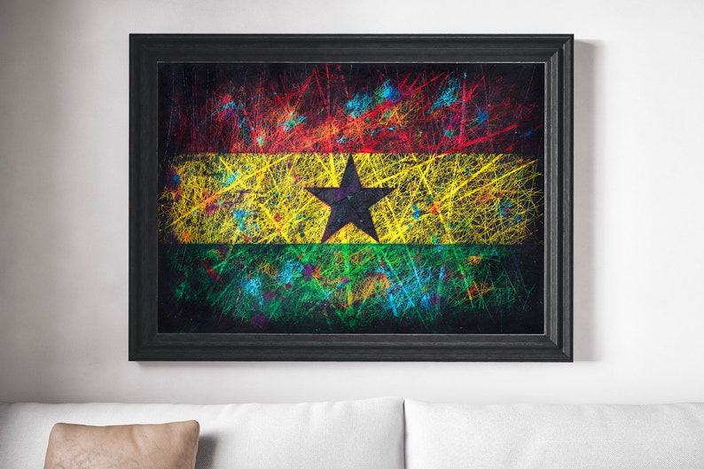 Puede incluir: Pintura abstracta de la bandera de Ghana con una estrella negra sobre fondo amarillo, rayas rojas y verdes y un marco negro.