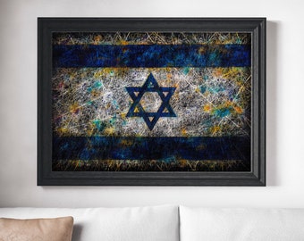 Flag of Israel, Israeli wall art, Hand Painted Distressed Vintage Jewish art, Textured Rustic David Star on Flag, Industrial Style Painting